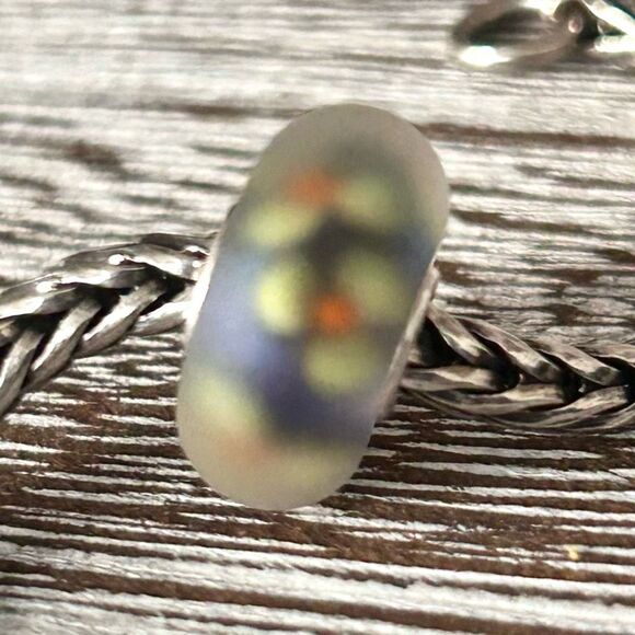 ELFBEADS Frosted Flowers Bead E925 NEW Purple Blue w Bright Yellow & Orange - Picture 1 of 8